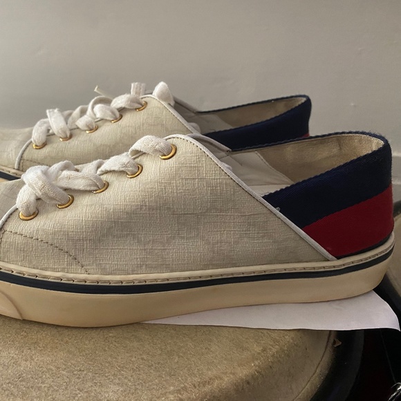 GUCCI MONOGRAMMED FABRIC SNEAKERS RUBBER SHOES 9.5-womens; mens-7.5 laced ITALy - Picture 3 of 11